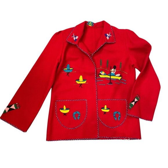 Vintage Handmade Tourist Jacket Womens Medium Red Embroidered Mexican Folk Art - Picture 2 of 13